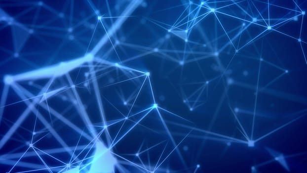 Impressive 3d rendering of some futuristic flight through light blue network with sparklong spots and numerous pyramid looking connections in the light blue background