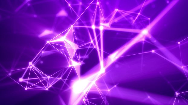 Impressive 3d illustration of the dark violet cyberspace pierced with light pink tunnels and connecting with each other in some shining spots and multi-sided surfaces 