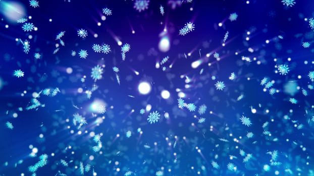 Hilarious 3d rendering of Happy New Year snowflakes circling among falling white dots, and creating a festive mood of Christmas in the dark blue background