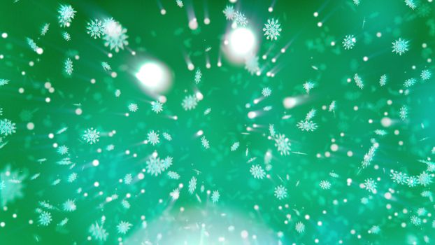 Cheerful 3d illustration of Happy New Year snowflakes spinning among dancing snowballs, and creating a merry mood of Christmas for children in thelight turquoise background