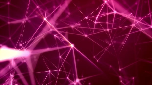 Fantastic 3d illustration of a science fiction Internet based cyberspace with a lot of dazzling and blurred light rosy and pink lines, multi-sided areas, bright searchlights, and the purple background