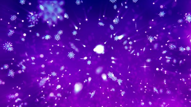 Amusing 3d rendering of Happy New Year snowflakes, having different sizes, circling among rushing snowballs, and creating a festive mood of Christmas in the dark violet background