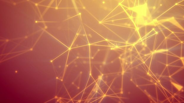 Magic 3d rendering of an advanced cyberspace flight through light yellow network with gleaming spots, triangular facets, gem structures, searchlights, and a grid of links in the orange background