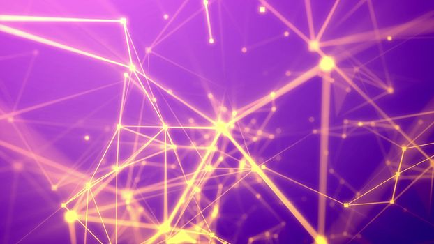 Puzzling 3d rendering of some futuristic expedition through light pink network with sparkling spots, thin tubes, numerous pyramid and crystal looking links in the dark violet  background