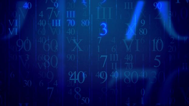 Ulrtamodern 3d rendering of computer modeled light blue Latin and Arabic figures having different sizes and gleaming in the dark blue background like digital e-mails in some futuristic cyber reality