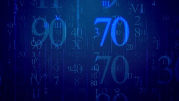 Fantastic 3d rendering of luminous light blue Latin and Arabic digits, with huge 90 and 70, having various sizes and lighting in the dark blue background like messages in some cyber network