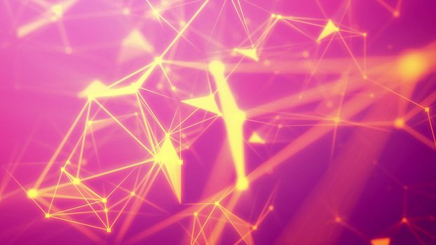 Striking 3D illustration of a computer surfing flight with wide yellow rays, crisscross fiber tubes, multi-sided areas, triangular facets, dazzling spots, in the dark orange backgound  