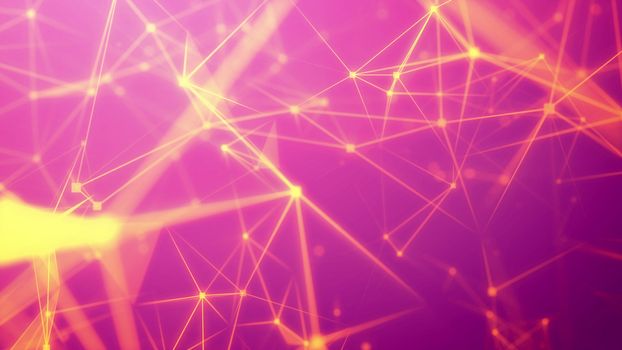 3D rendering of a mysterious cyberspace with wide yellow rays, thin fiber tubes, multi-sided surfaces, triangular facets, luminous dots, in the light pink and rosy backgound  