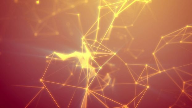 3d illustration of an advanced cyberspace flight through light yellow network with shining spots, triangular facets, zigzag structures, searchlights, and a grid of links in the orange background