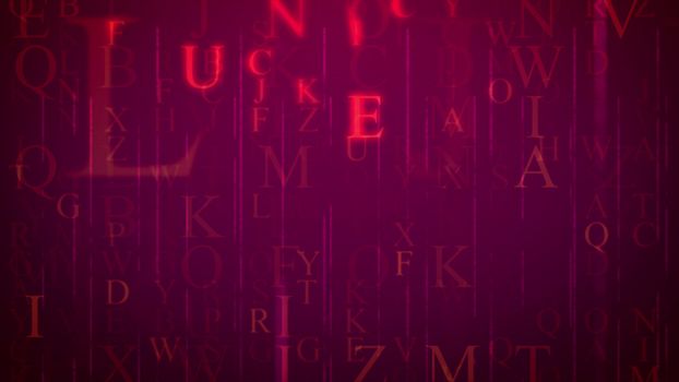 Futuristic 3d illustration of electronic letters having different sizes and shimmering in the purple background as if they are taken from some sci-fi cyberspace reality