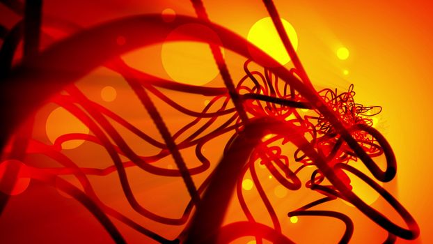 Impressive 3d rendering of dazzling fantasy spheres and strokes and of dark orange color which have several various size twisted spirals in the light orange, red, and yellow background.  