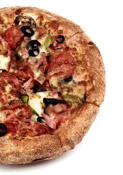 Half of Freshly Baked Pepperoni Pizza with Black Olives, Pepperoni, Ham and Cheese closeup on White background