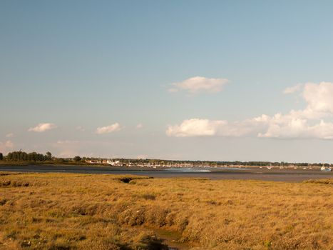 sunny landscape of flat ground and maldon black water in the distance with masts of moored boats;Essex; England; UK