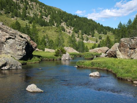 Alpine landscape with small river flowing in Valmalenco, northern Italy