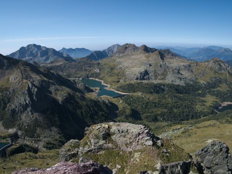 Panoramic view of lake Gemelli basin on the Bergamo Alps, northern Italy
