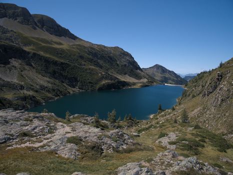 Lake Colombo basin and dam on the Bergamo Alps, northern Italy
