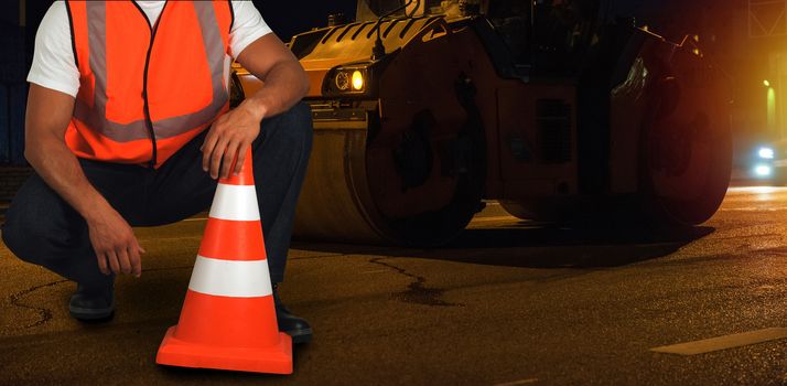 repairing the road in the night city