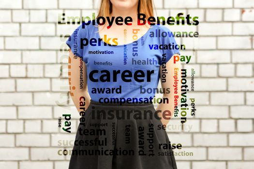 employee benefits concept. photo for your design. girl in blue near a white brick wall