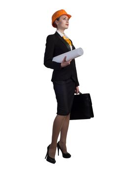 Young female engineer with suitcase in hardhat isolated on white