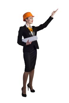 Young female engineer with suitcase in hardhat isolated on white