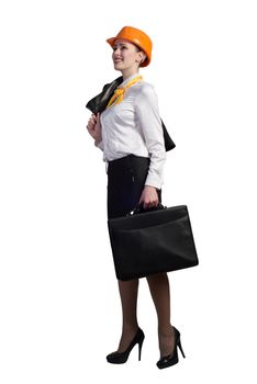 Young female engineer with suitcase in hardhat isolated on white