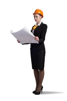 Young female engineer with suitcase in hardhat isolated on white