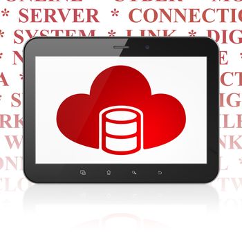 Cloud networking concept: Tablet Computer with  red Database With Cloud icon on display,  Tag Cloud background, 3D rendering