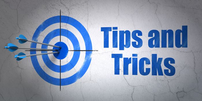 Success Education concept: arrows hitting the center of target, Blue Tips And Tricks on wall background, 3D rendering