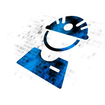 Manufacuring concept: Pixelated blue Factory Worker icon on Digital background