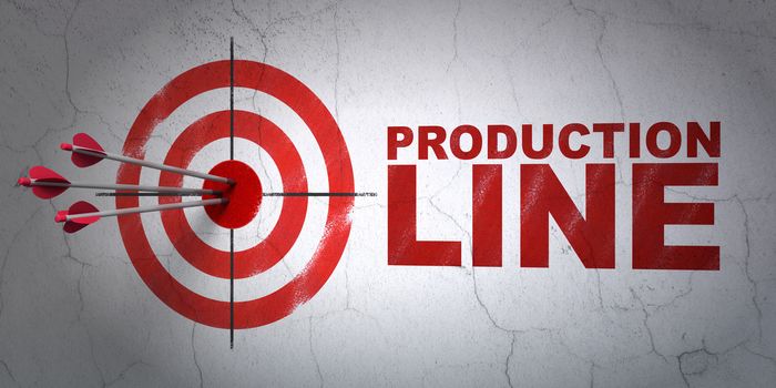 Success Industry concept: arrows hitting the center of target, Red Production Line on wall background, 3D rendering