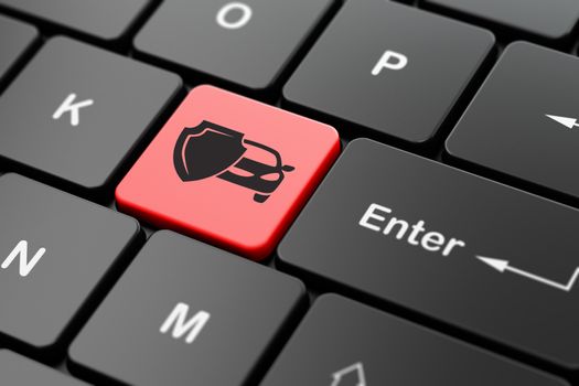 Insurance concept: computer keyboard with Car And Shield icon on enter button background, 3D rendering
