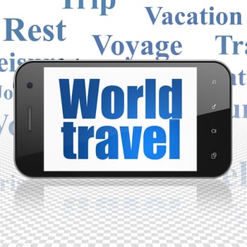 Vacation concept: Smartphone with  blue text World Travel on display,  Tag Cloud background, 3D rendering