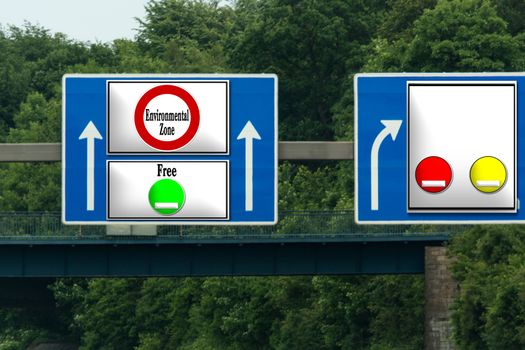 Road sign with inscription in English "Environmental Zone Free". Direction free environment free ride with green plaque.