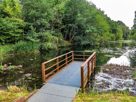 A small dock over a lake with trees surrounding