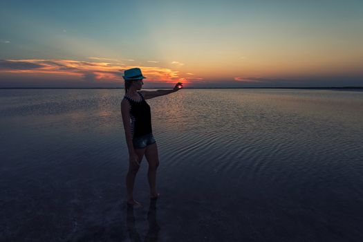 Beauty sunset on salty lake in Altay, Siberia, Russia