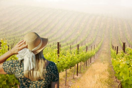 Beautiful Woman Strolling at a Winery on a Spring day.