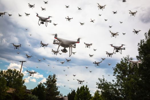 Dozens of UAV Drones Swarm in the Cloudy Sky.