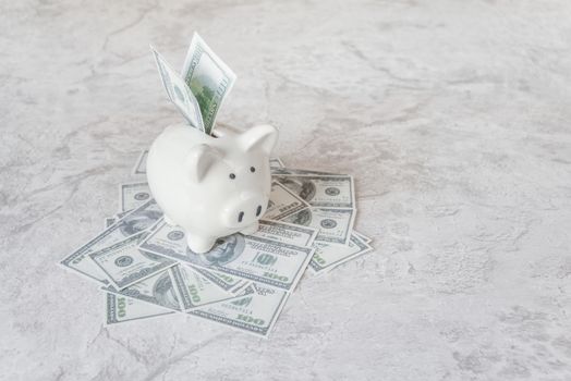 Concept of investing or saving: white ceramic piggy bank on the heap of dollars banknotes