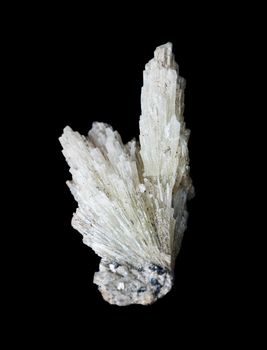 Collectible mineral strontianite specimen; radial splice of white crystals isolated on a black background; Mine number 5, Long Mountain, village Vishnevogorsky, Ural, Russia