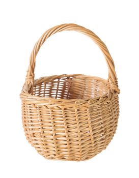 Wattled basket of natural wicker, isolated on a white background, front view