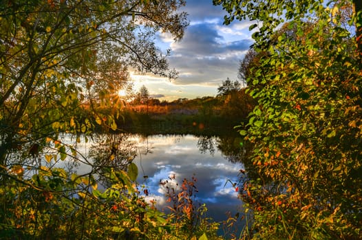 Colorful autumn landscape on a sunny day with trees with water and clouds