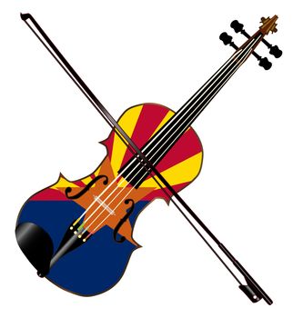 A typical violin with Arizona flag and bow isolated over a white background