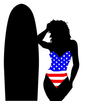 A girl with a surfboard and Stars and Stripes whimsuit