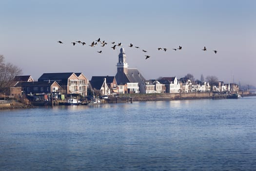 Village Lekkerkerk near the river Lek in the Netherlands. Some geese are flying over.