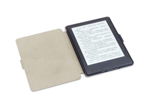 Ebook reader in an open e-reader case on a white background
