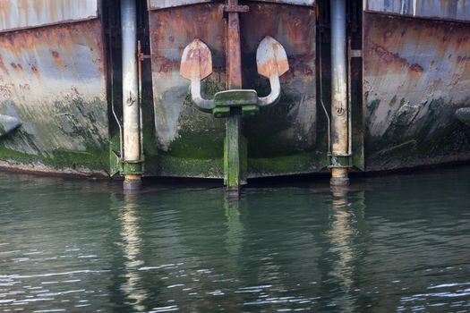 Bow of an industrial ship with anchor in the Netherlands