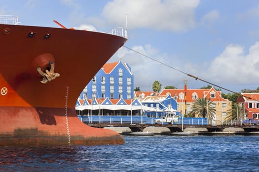 Ship entering harbor of  Willemstad on Curacao