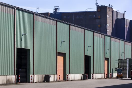 Old green corrugated iron warehouse in the Netherlands