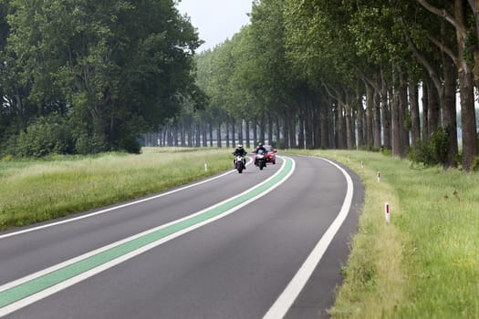 Motorway with green line in the middle in the Netherlands