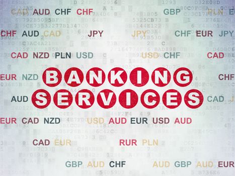 Money concept: Painted red text Banking Services on Digital Data Paper background with Currency